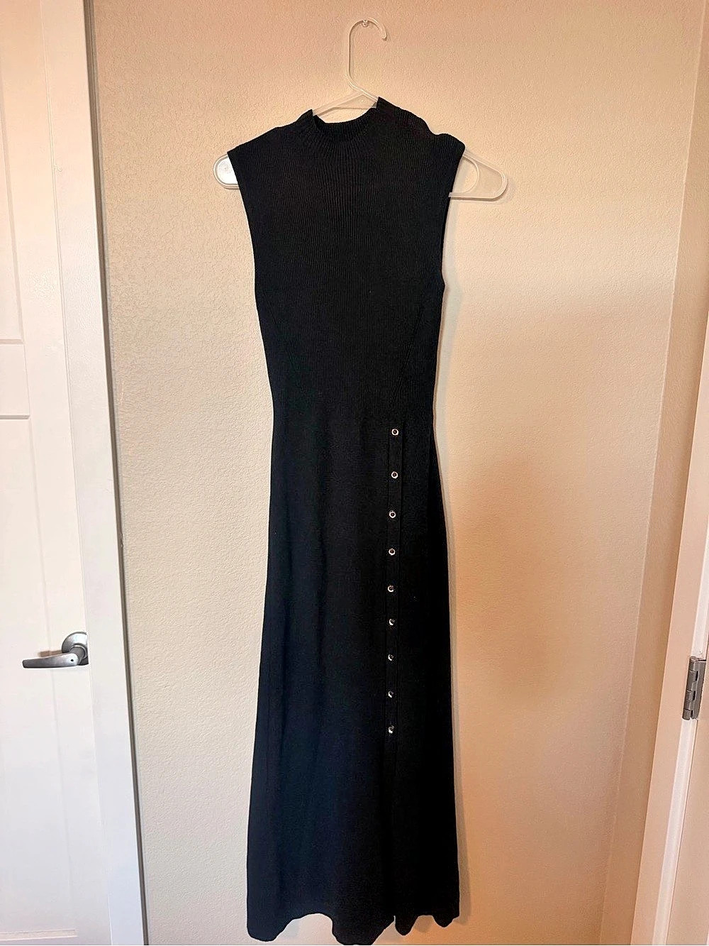 Black Ribbed Mock Neck Button Side Slit Midi Dress